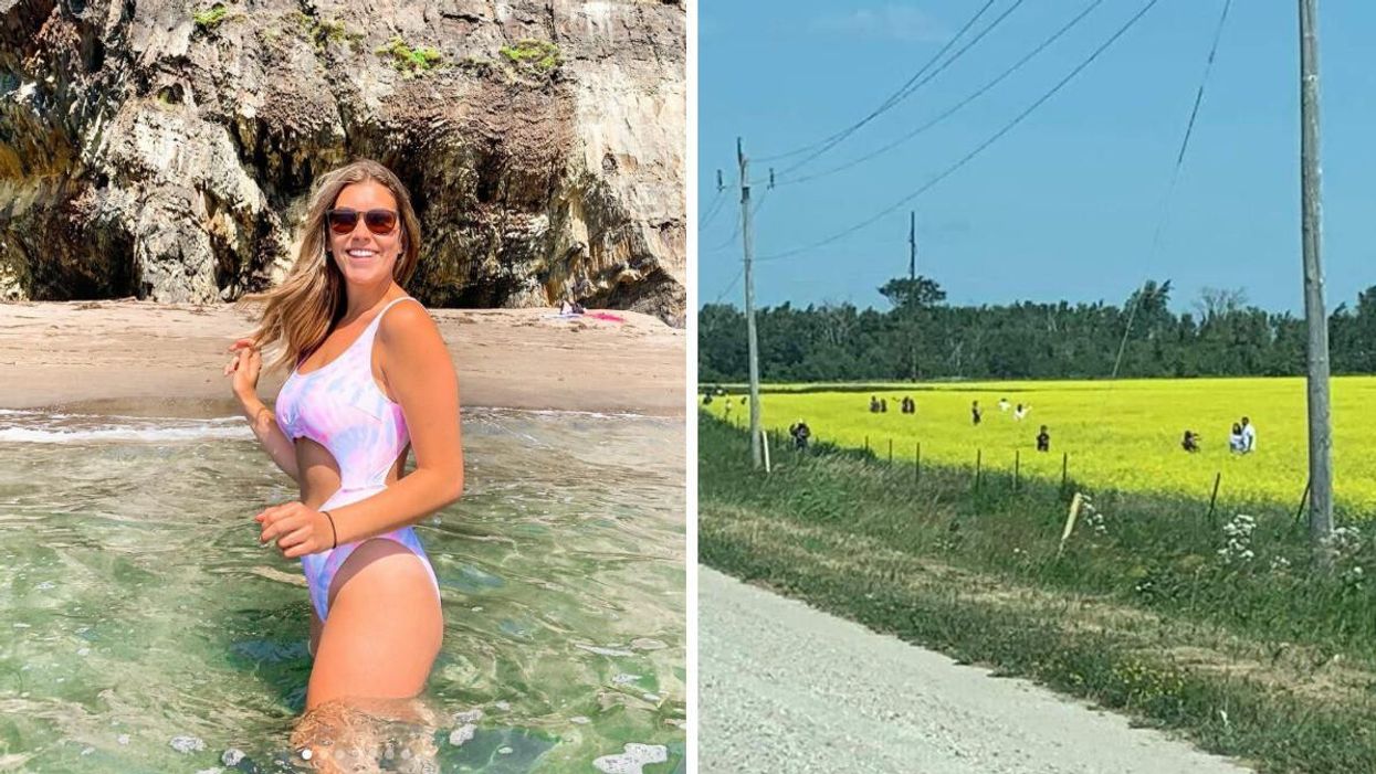 A woman stands in the water at Gaff Point. Right: Goofballs trespass on a farmer's field to take photos.