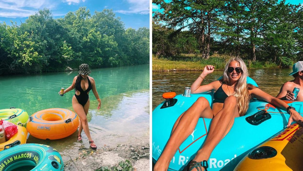 A woman stands next to tubes in the San Marcos River. Right: A woman floats in a tube in the Frio River.