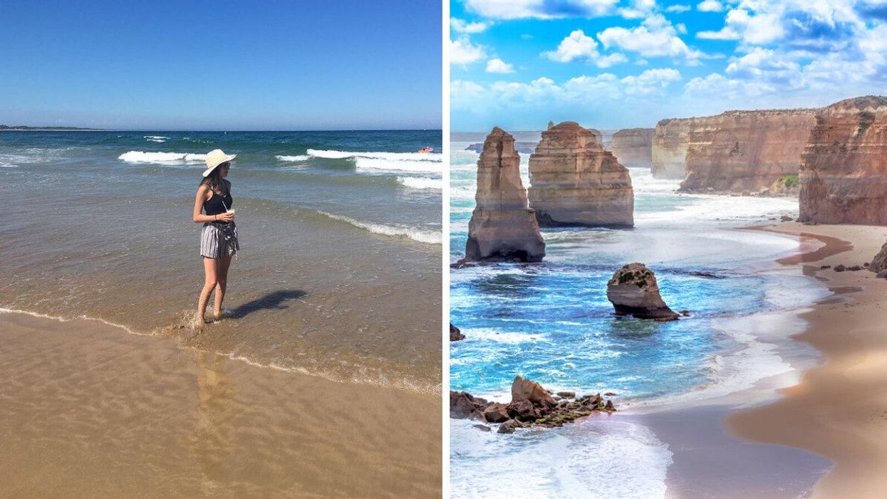 A woman stands on a beach with waves in the background. Right: Cliffs and limestone stacks along a beach.