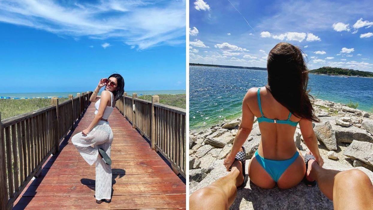 A woman stands on a boardwalk in South Padre Island, TX. Right: A woman sitting on Starnes Island on Lake Travis.