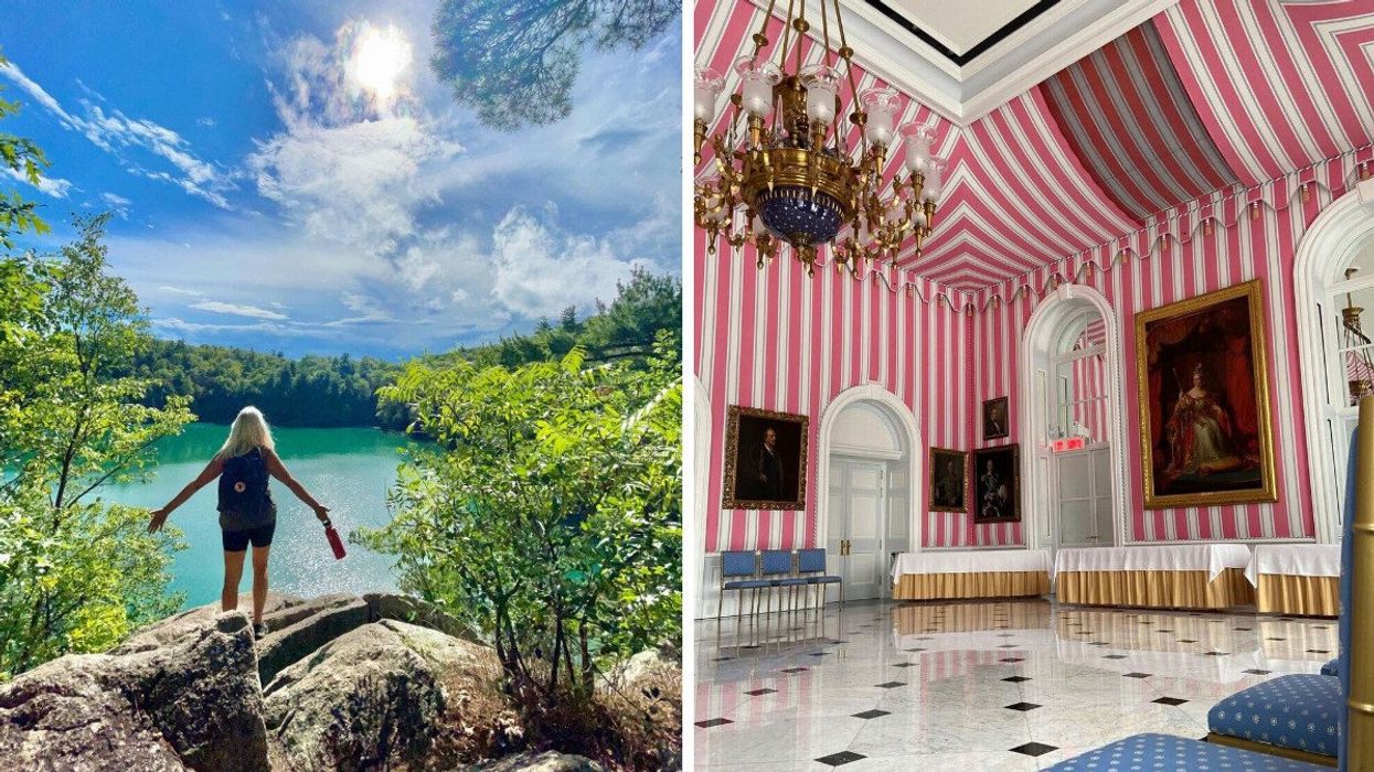 A woman stands on a rock over a bright green lake. Right: An ornate room with pink-and-white-striped walls.