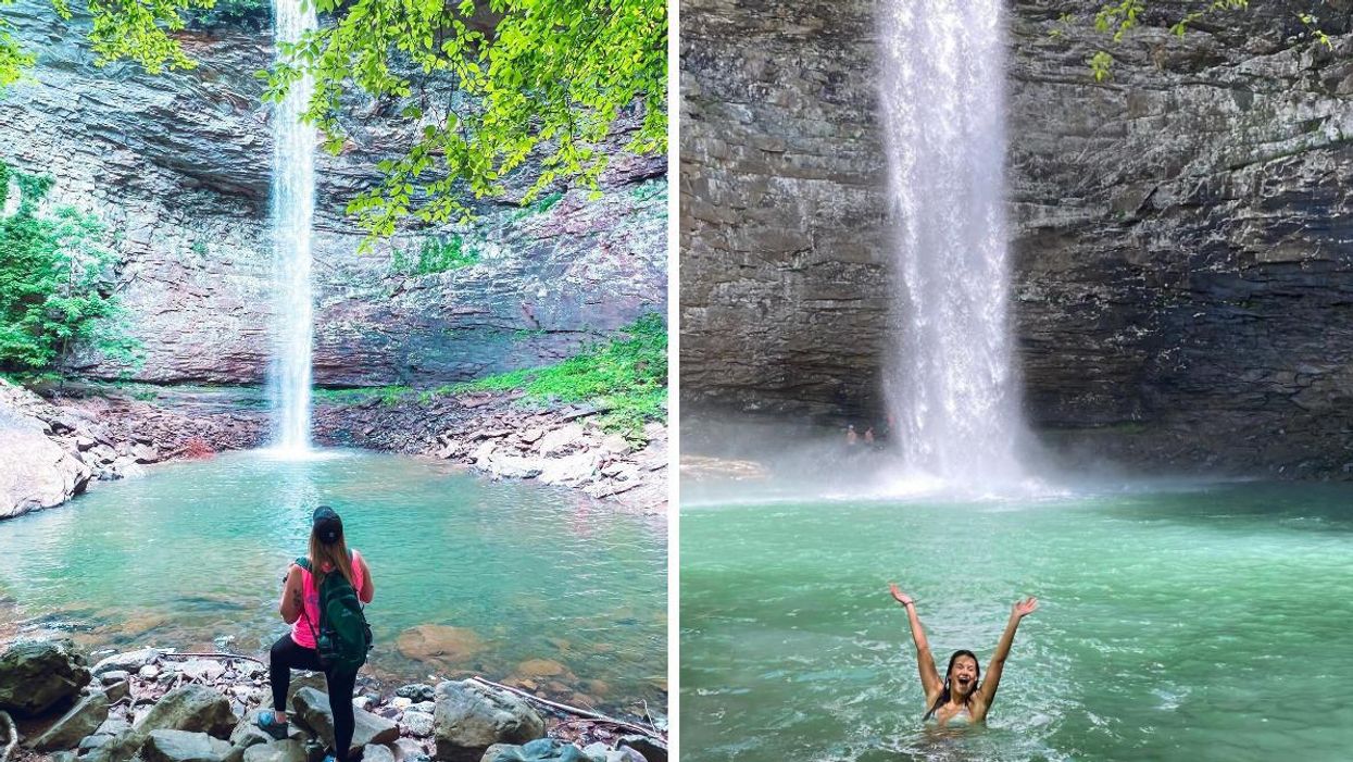A woman stands on the edge of rocks looking at a waterfall. Right: A woman swims in a turquoise swimming hole.