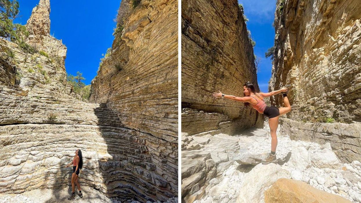 A woman stands on the "Hiker's Staircase". Right: A woman does a yoga pose on the Devil's Hall Trail.