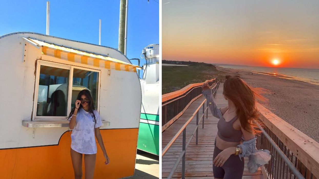 A woman stands outside a food station at a beach in Ontario. Right: A woman stands on a boardwalk at a beach in PEI.