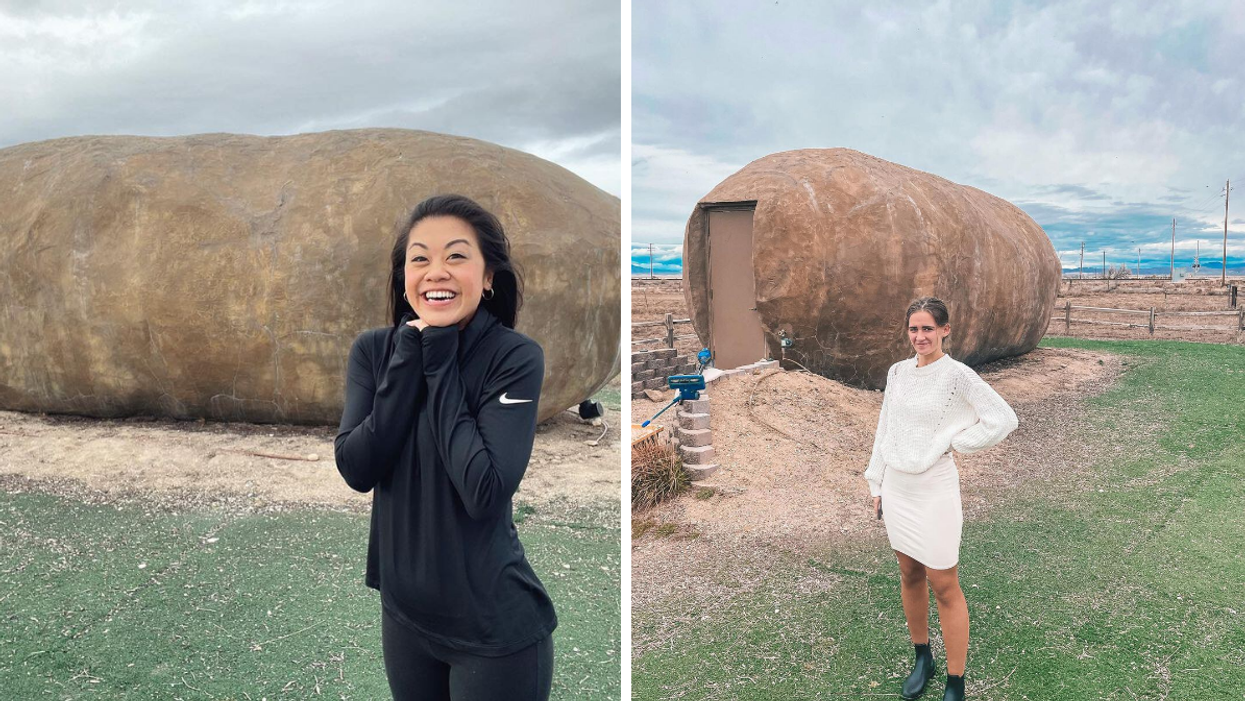 A woman stands outside of the Big Idaho Potato Hotel. Right: A woman stands near the entrance of the Big Idaho Potato Hotel.