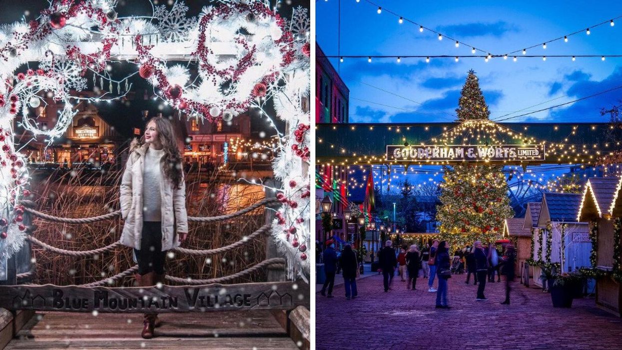A woman stands under a canopy of sparkling lights at night. Right: A Christmas tree and lights are seen on a cobblestone road.