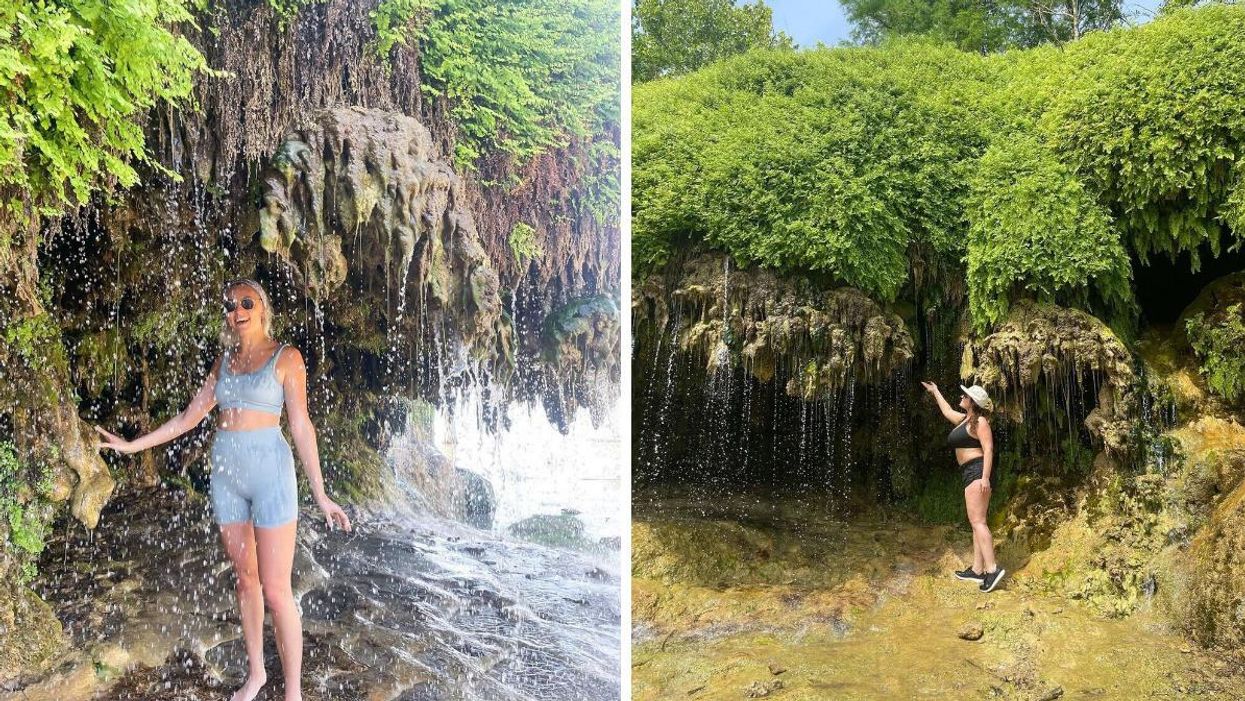 A woman stands under the waterfall at Crocket Gardens. Right: A woman touches the waterfall at Crockett Gardens.
