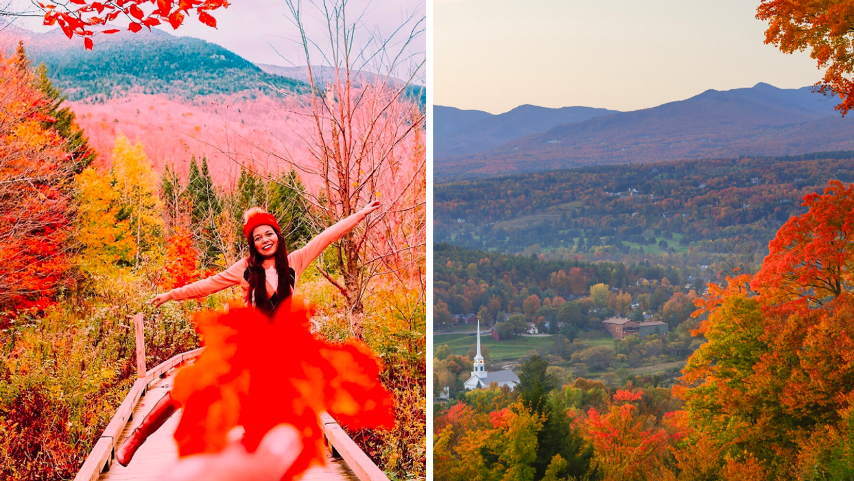 A woman surrounded by orange and read leaves in Stowe, VT. Right: An overview of Stowe, VT during autumn.