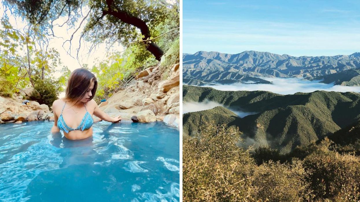 A woman swimming in the hot springs wearing a blue top. Right: A view from a Montecito Trail.