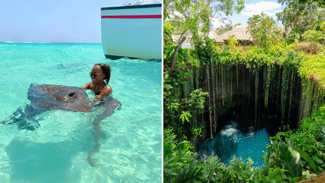 A woman swims with a stingray. Right: A cenote with blue water and green hanging vines.