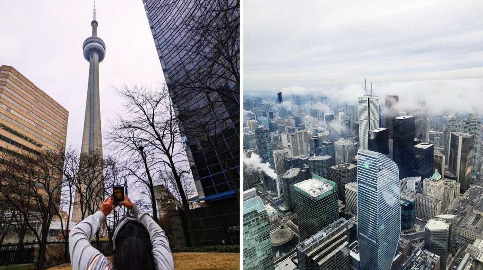 A woman taking a picture of the CN Tower. Right: Buildings seen from the vantage of the CN Tower.