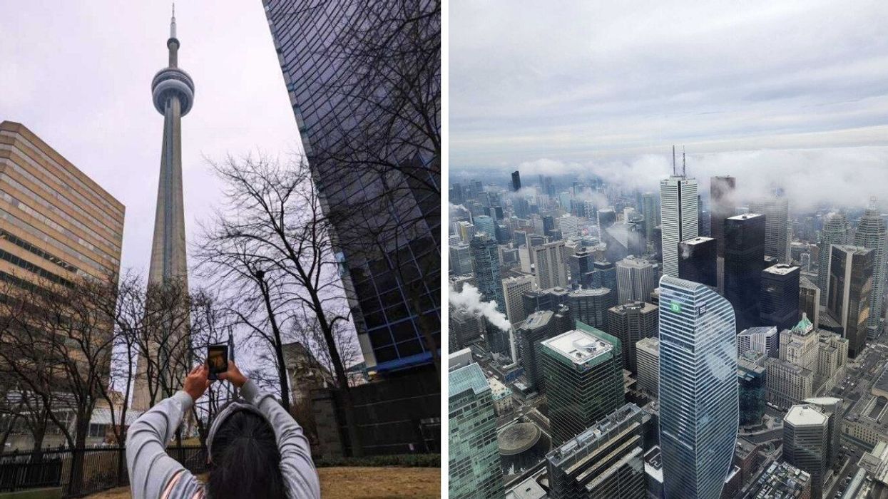 A woman taking a picture of the CN Tower. Right: Buildings seen from the vantage of the CN Tower.