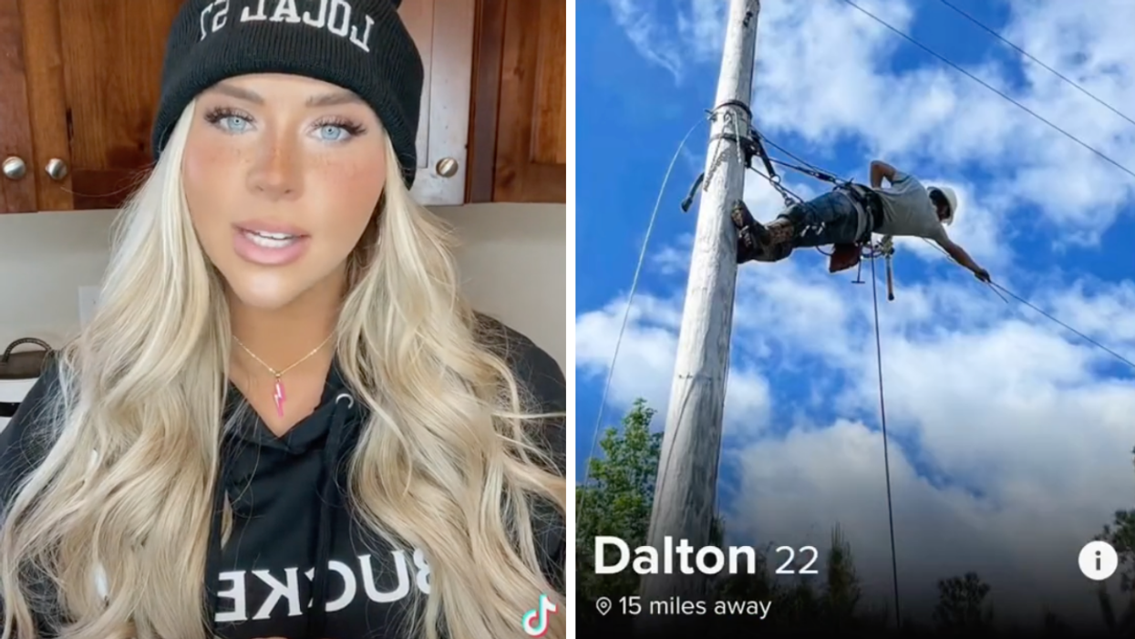 A woman talking about linemen wives on TikTok. Right: A lineman on Tinder.
