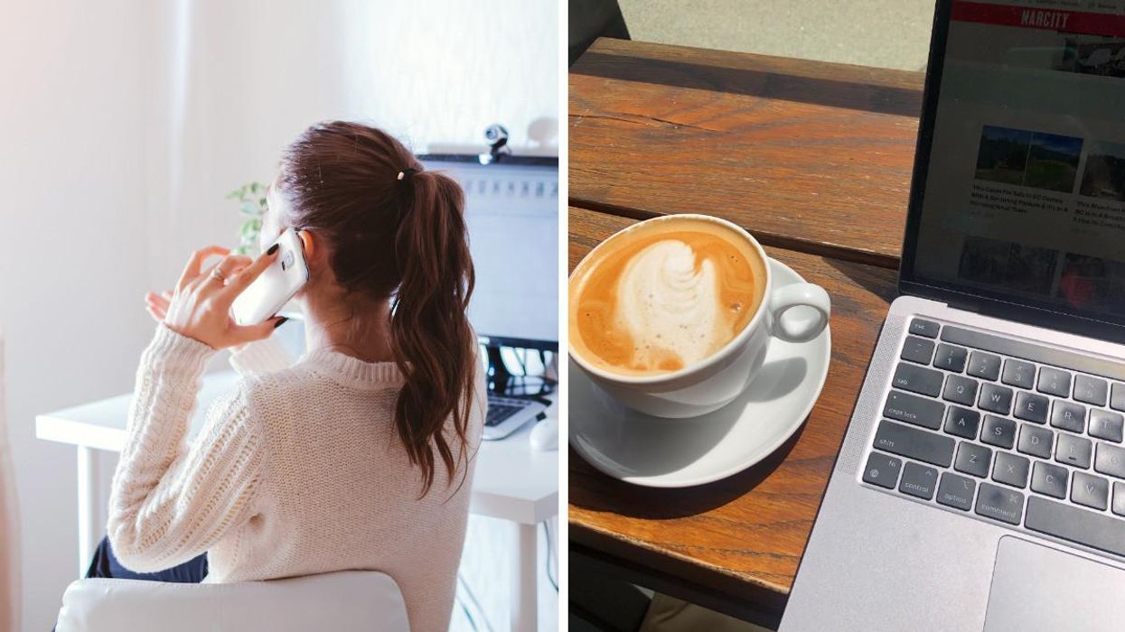 A woman talking on the phone. Right: A latte and laptop.