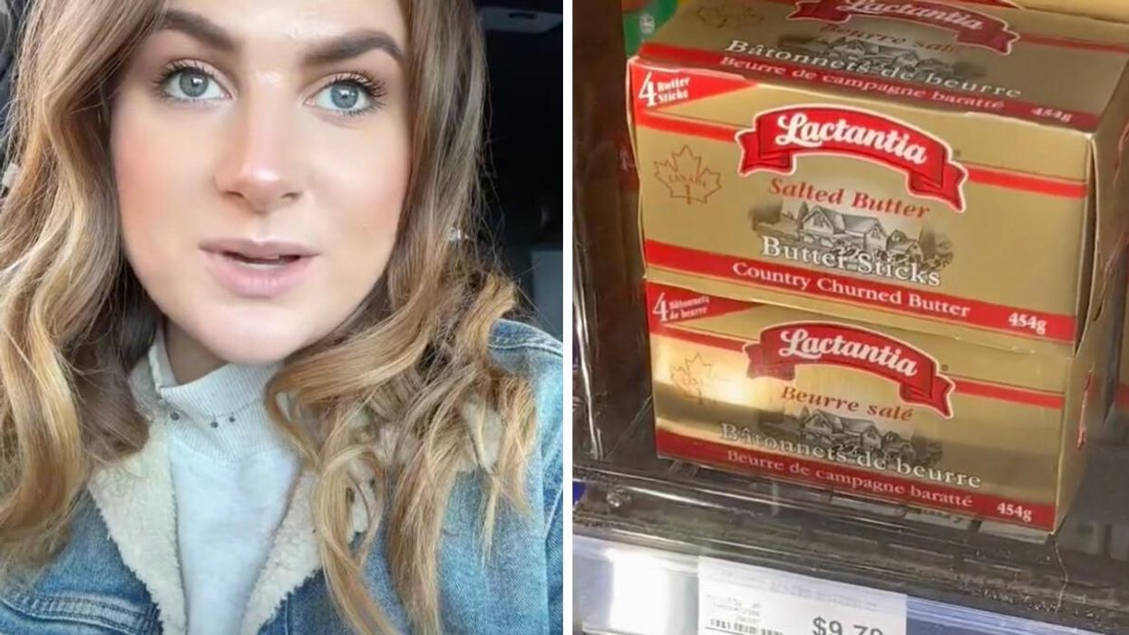 A woman talking. Right: Butter.