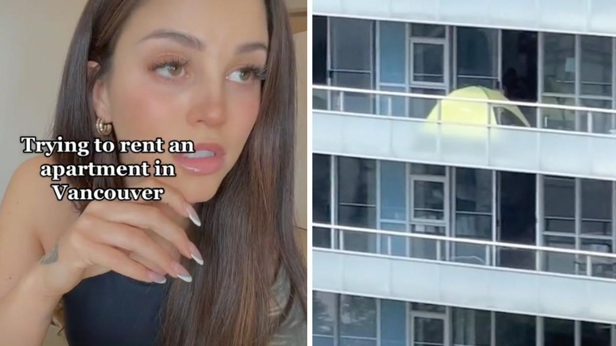 A woman talking to the camera up close. Right: A tent on a condo patio.
