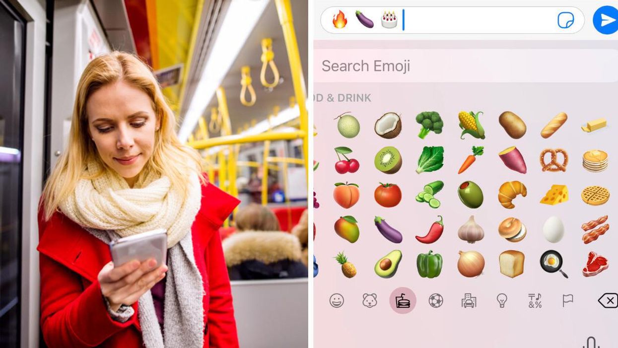 A woman texting in the subway. Right: Food emojis.