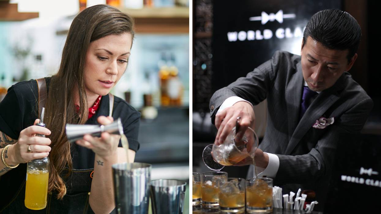 A woman tips liquor from a jigger into a cocktail shaker. Right: A man pours our a cocktail from a stirring glass.