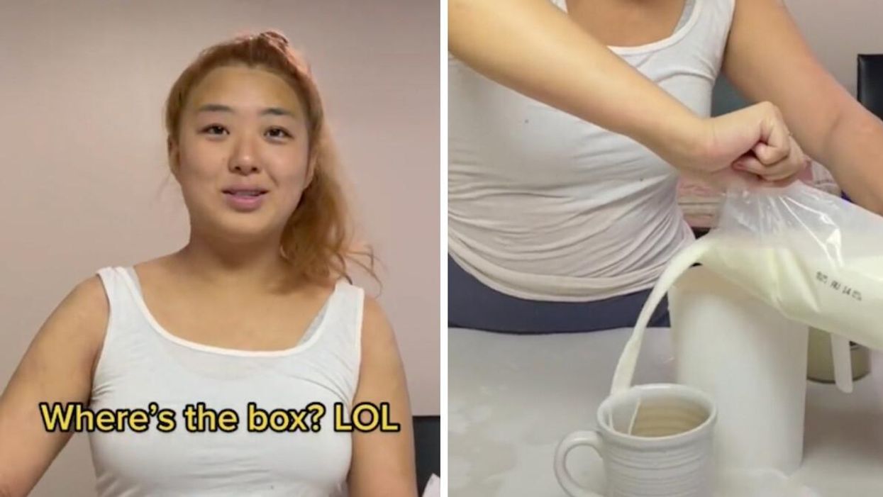 A woman trying to pour bagged milk.