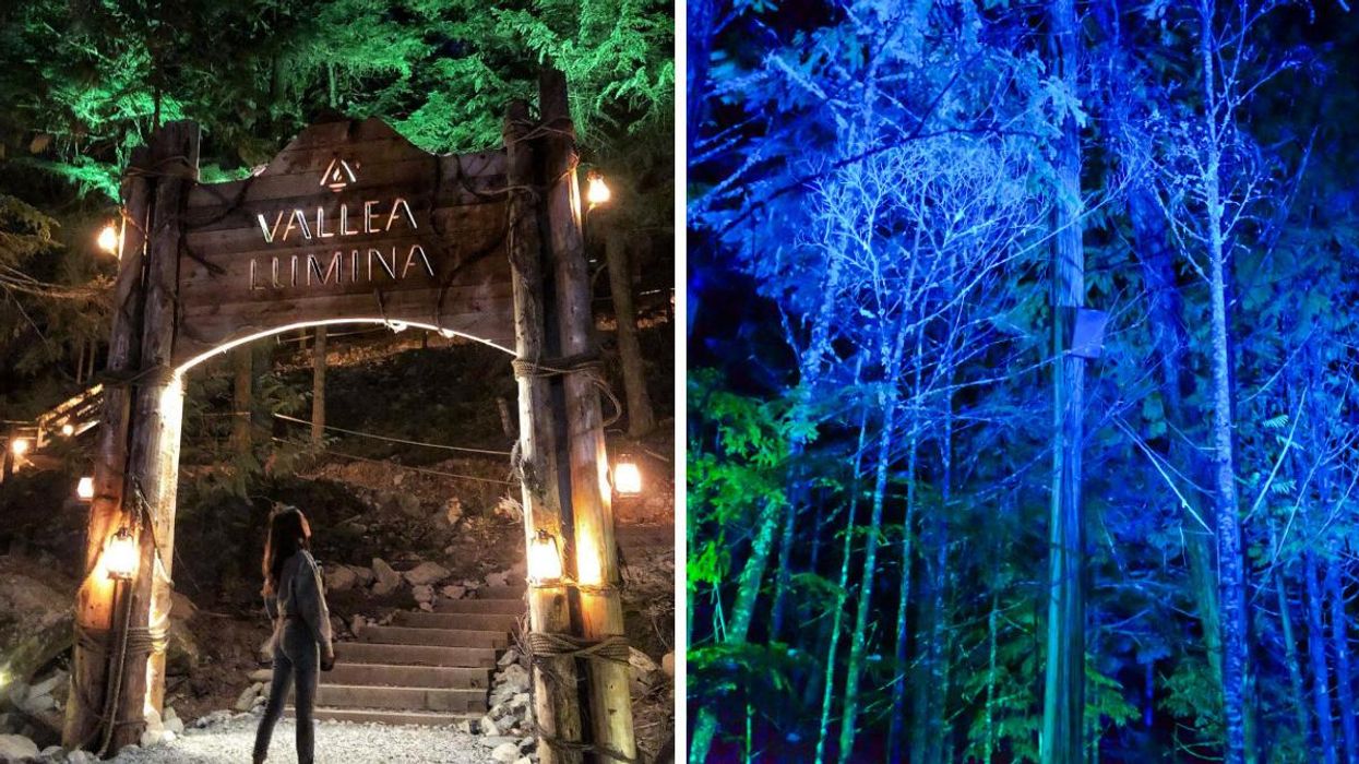 A woman under the Vallea Lumina sign. Right: Lights in the forest.