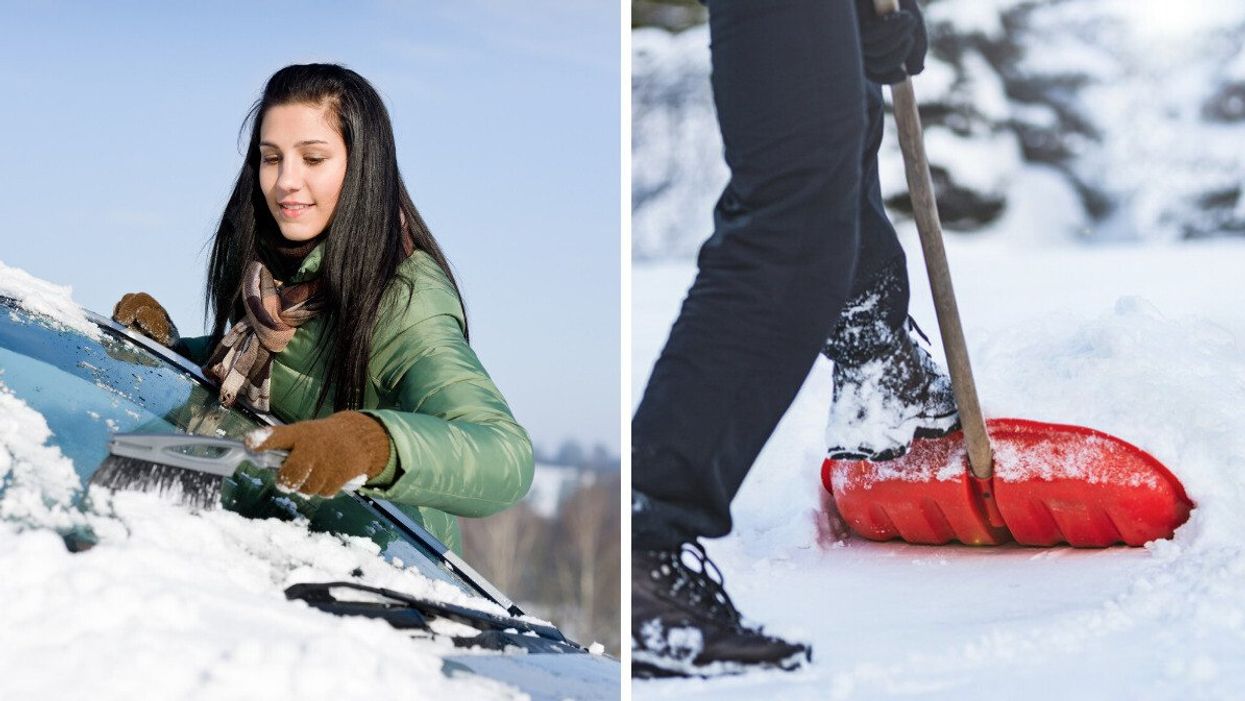 A woman using a brush to remove snow from her car's windshield. Right: A person shovelling snow.