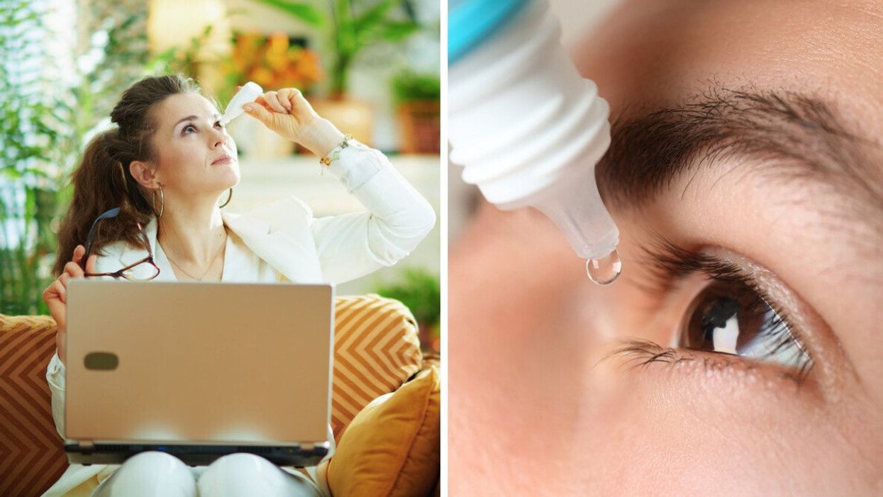 A woman using eye drops. Right: A person using eye drops.
