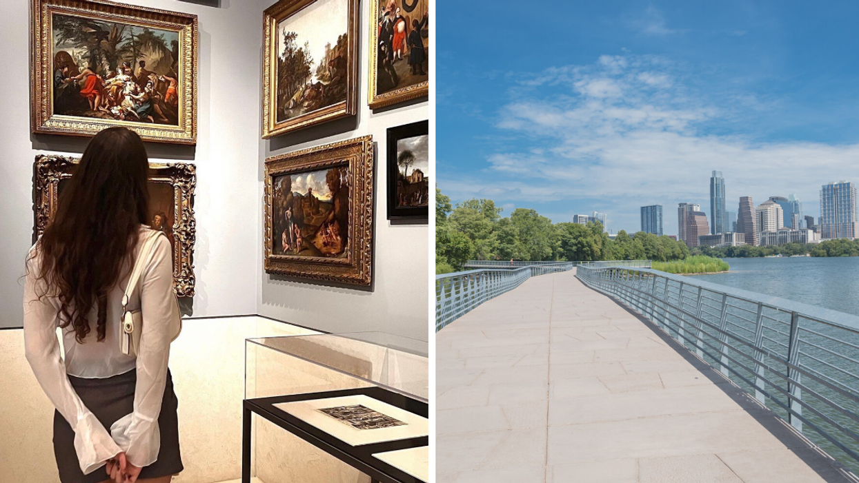 A woman viewing works of art at the Museum Of Fine Arts Houston. Right: The Ann and Roy Butler Hike-and-Bike-Trail in Austin, TX.