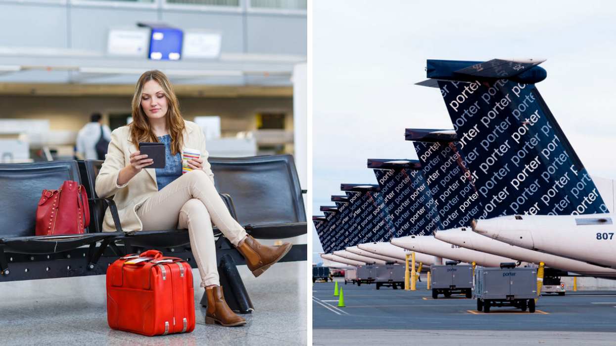 A woman waiting at an airport. Right: Porter Airlines planes.