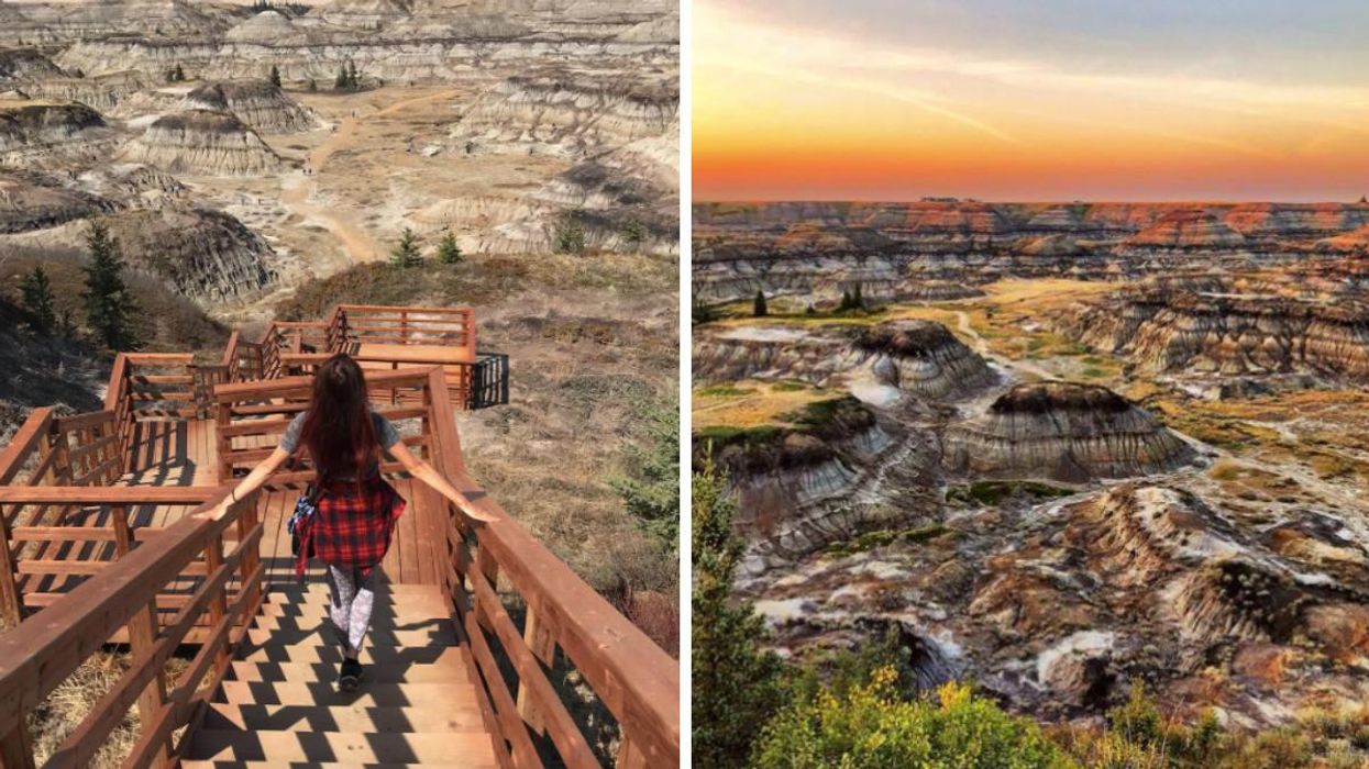 A woman walking down a walking staircase at Horseshoe Canyon. Right: A sunset view of the Alberta Badlands near Drumheller.