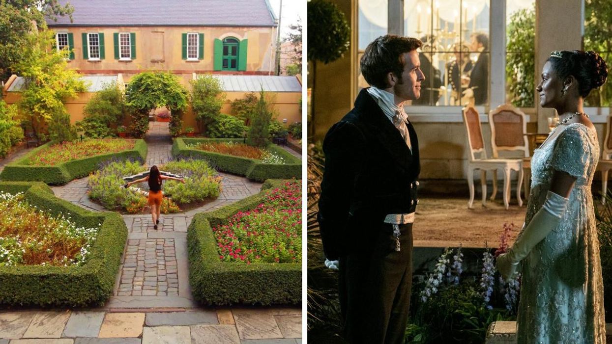 A woman walking in the garden at Owens-Thomas house. Right: Bridgerton actors Jonathan Bailey and Simone Ashley.