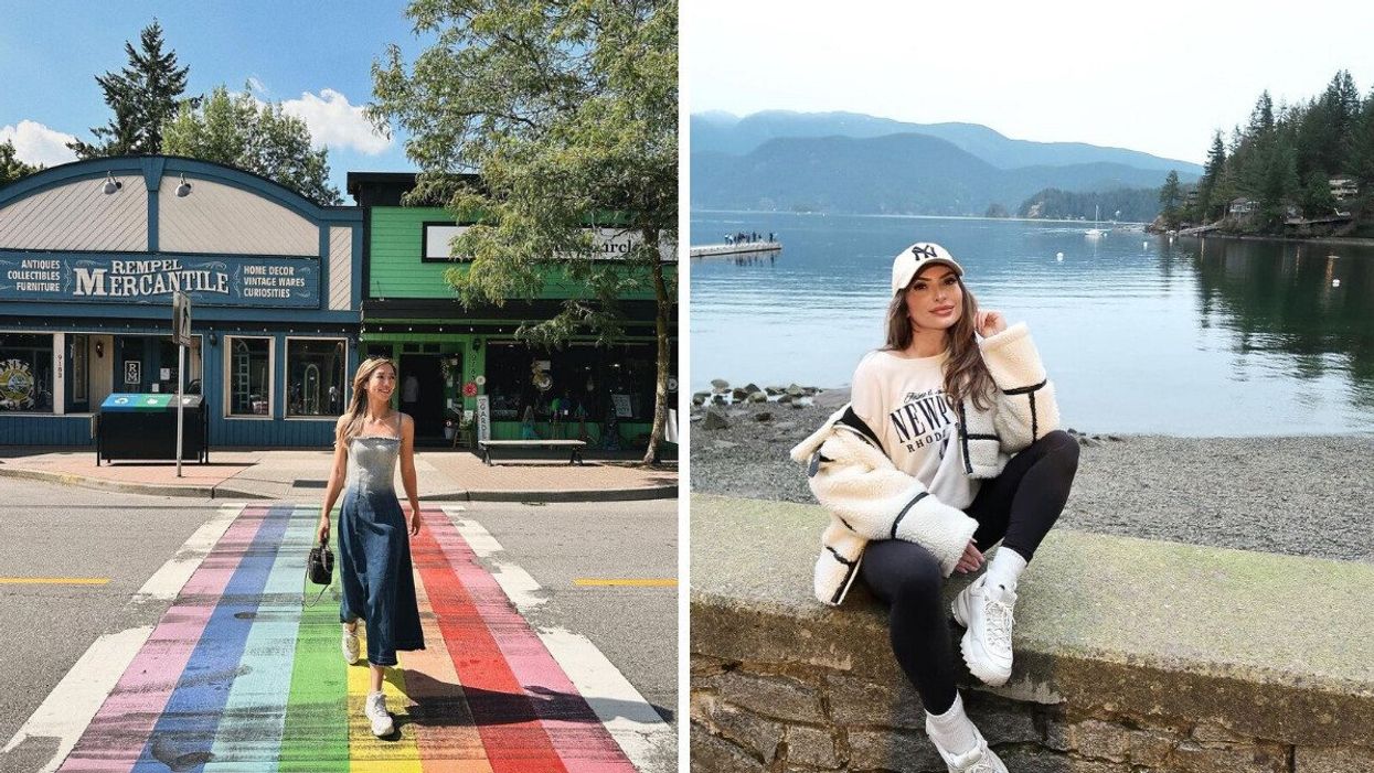 A woman walking on a rainbow crosswalk with small shops behind her. Right: A woman sitting on a rock ledge with the water and mountains behind her.