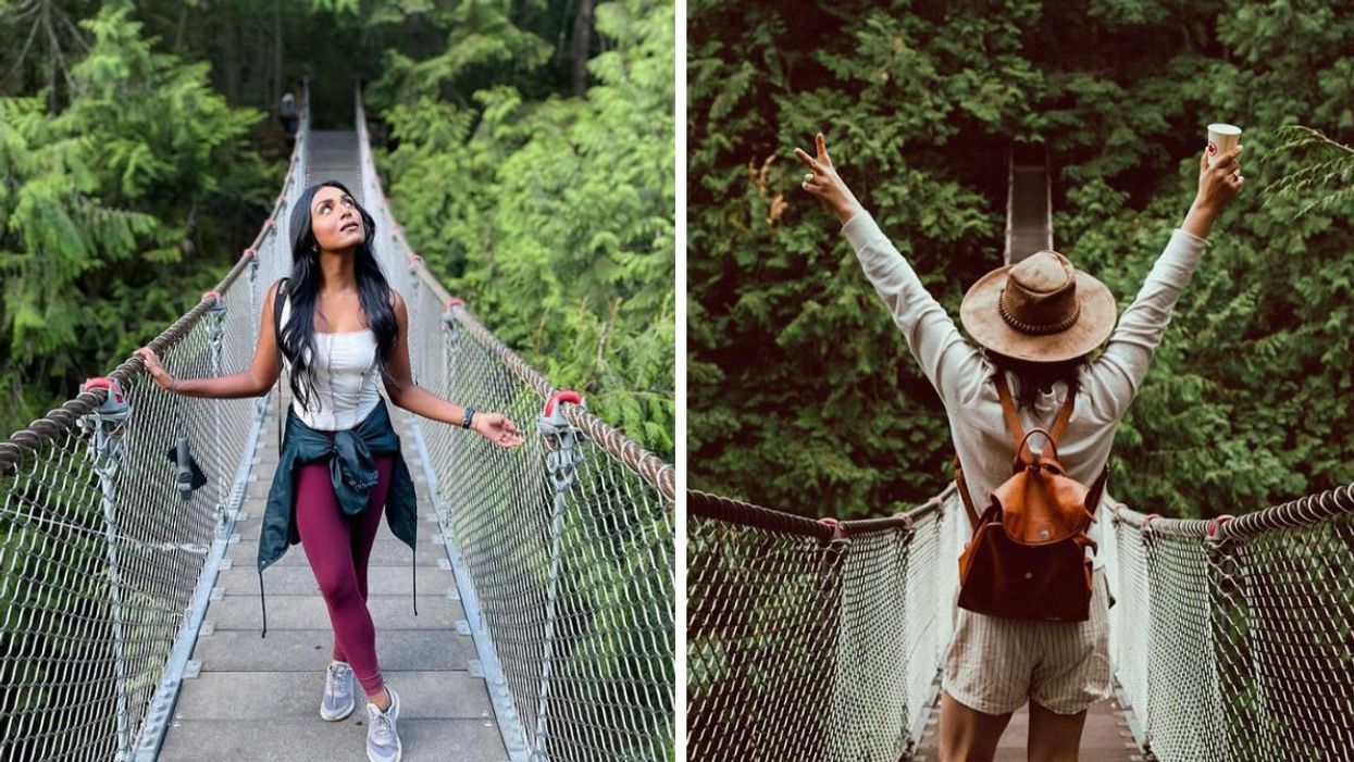 A woman walking on a suspension bridge. Right: A person walking on a suspension bridge.