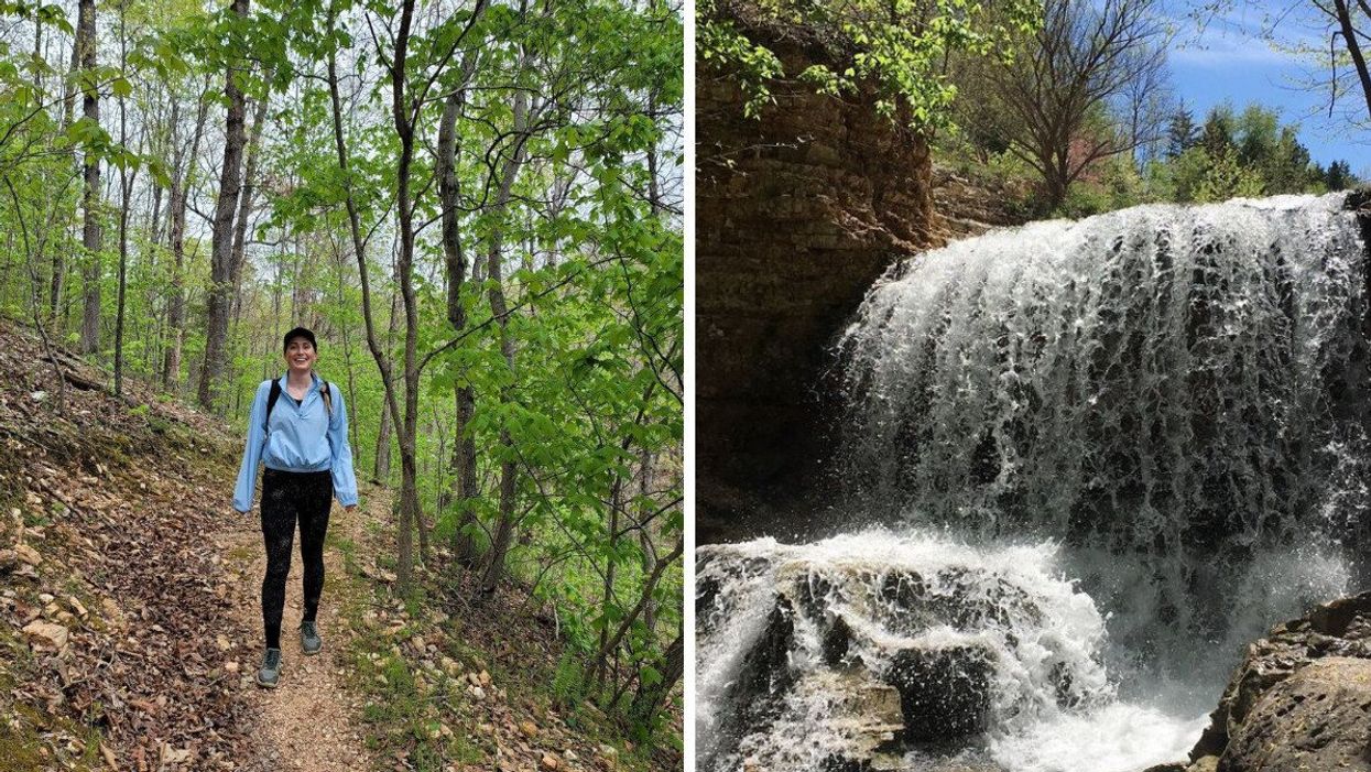 A woman walking on a trail at Bella Vista, AR. Right: Tanyard Creek Nature Trail in Bella Vista, AR.