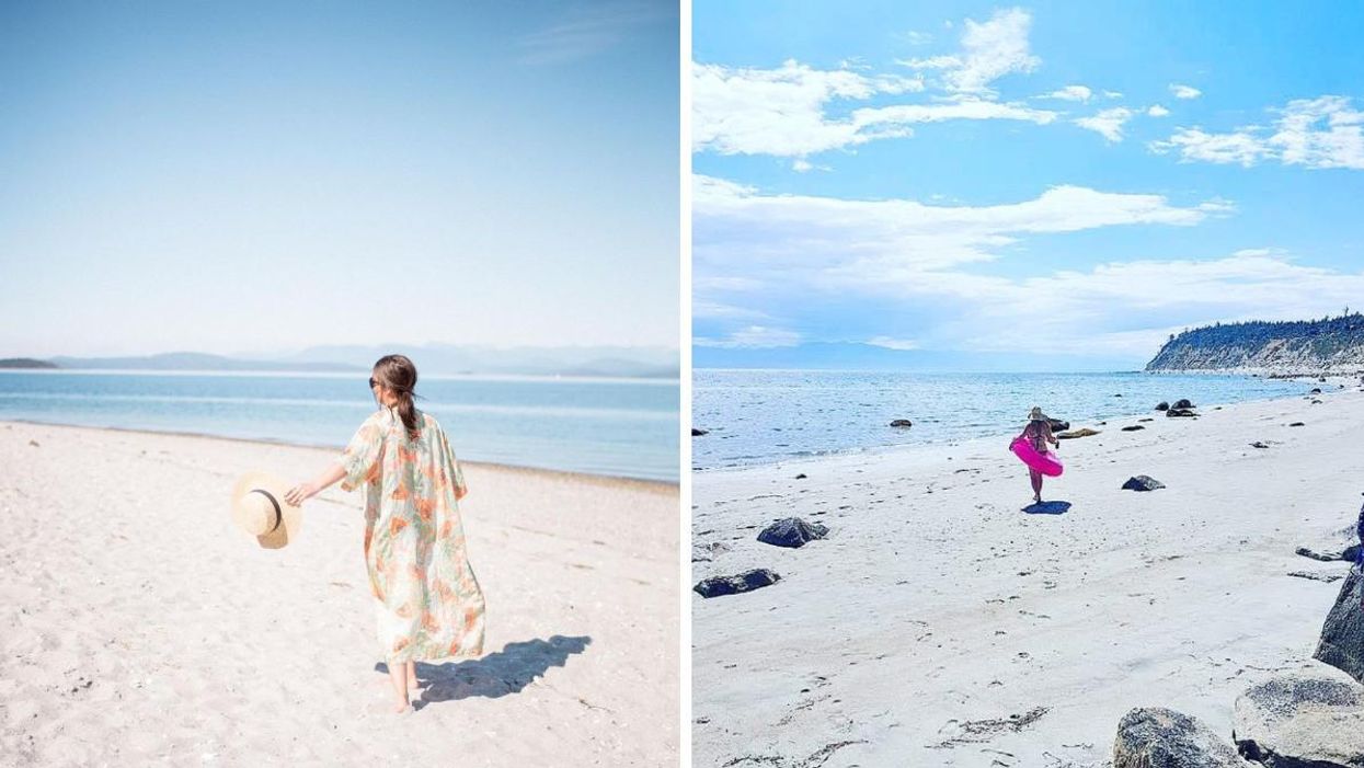 A woman walking on Savary Island. Right: A person on Savary Island.
