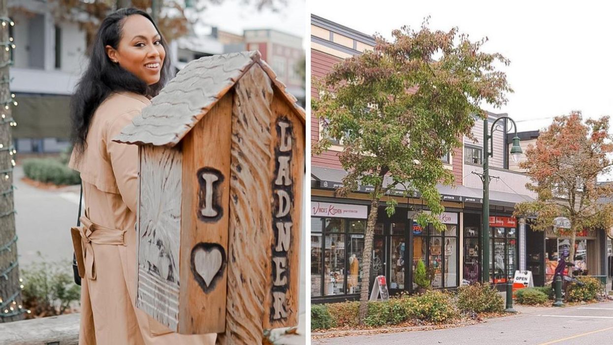 A woman walking. Right: The town of Ladner.