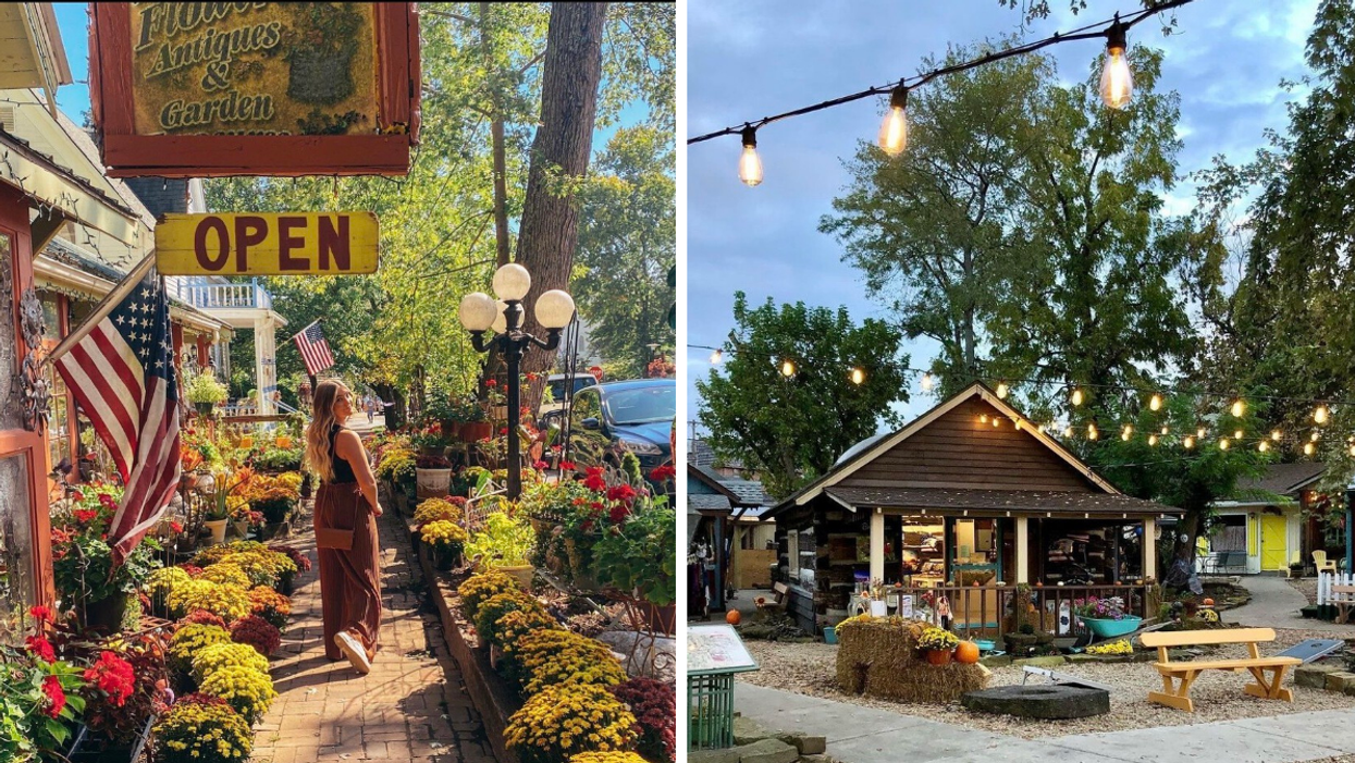 A woman walking through Nashville, IN. Right: A section of Antique Alley in Nashville, IN.