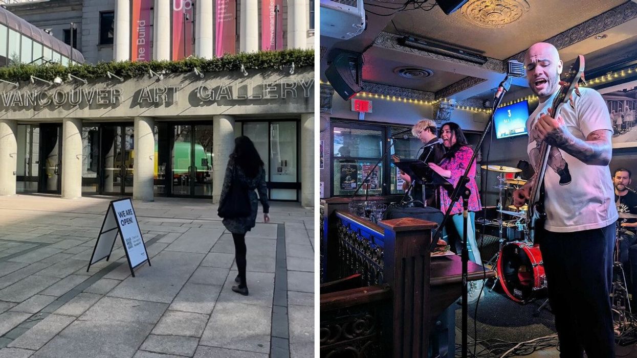 A woman walking towards a building that says Vancouver Art Gallery. Right: A band performing on stage at a pub.