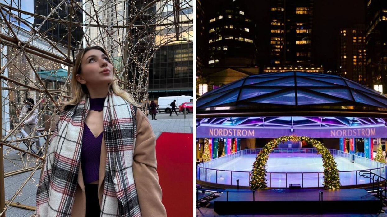 A woman walking under lights. Right: Robson Square.