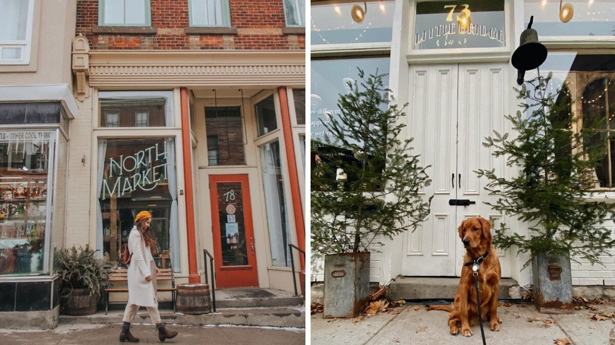 A woman walks along one of Almonte's quiet, quaint streets. Right: A golden retriever sits outside a charming boutique in Almonte, Ontario.