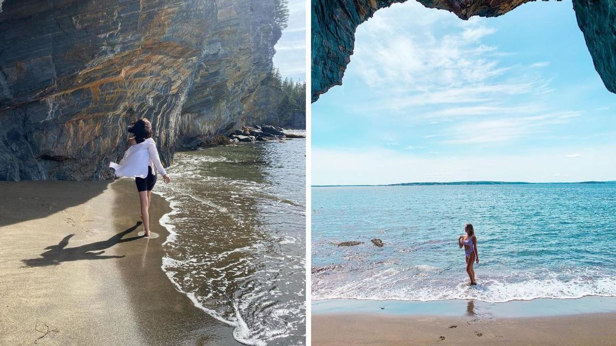 A woman walks along the secret beach at Gaff Point. Right: A woman stands in front of a sea cave at Gaff Point.