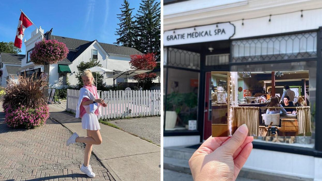 A woman walks in Unionville, Ontario. Right: A person recreates a scene from 'Gilmore Girls' at a spa in Unionville.