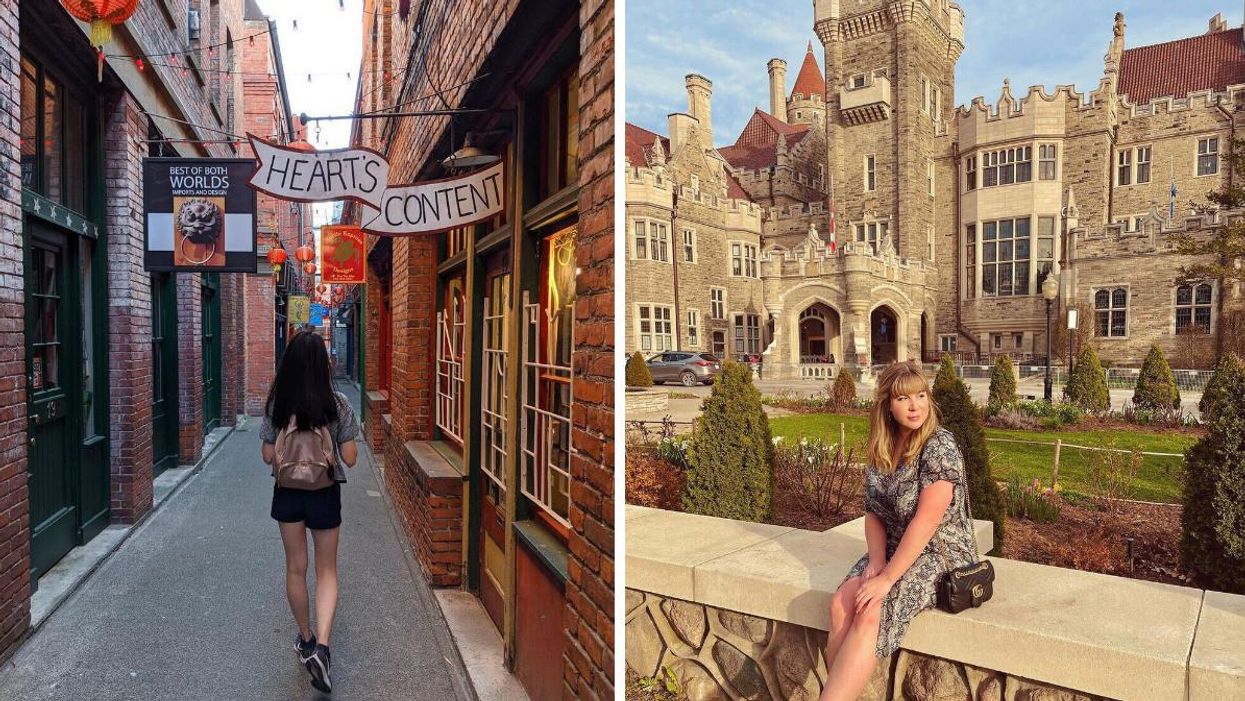 A woman walks through an alley in B.C. Right: A woman sits outside a castle in Toronto.