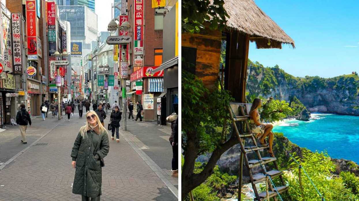 A woman walks through the busy streets of Shibuya, Tokyo, surrounded by neon signs and storefronts. Right: A woman sits on a wooden treehouse ladder overlooking the dramatic cliffs and turquoise waters of Nusa Penida, Bali.