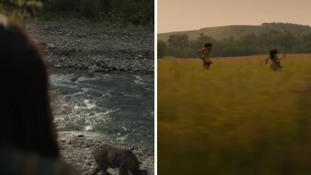 A woman watching a bear in Prey. Right: People running through a field in the movie.
