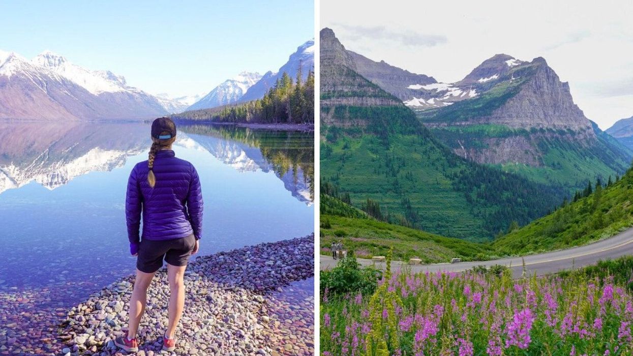 A woman watching the scenery of Glacier National Park near Whitefish, MT. Right: The mountains of Glacier National Park.