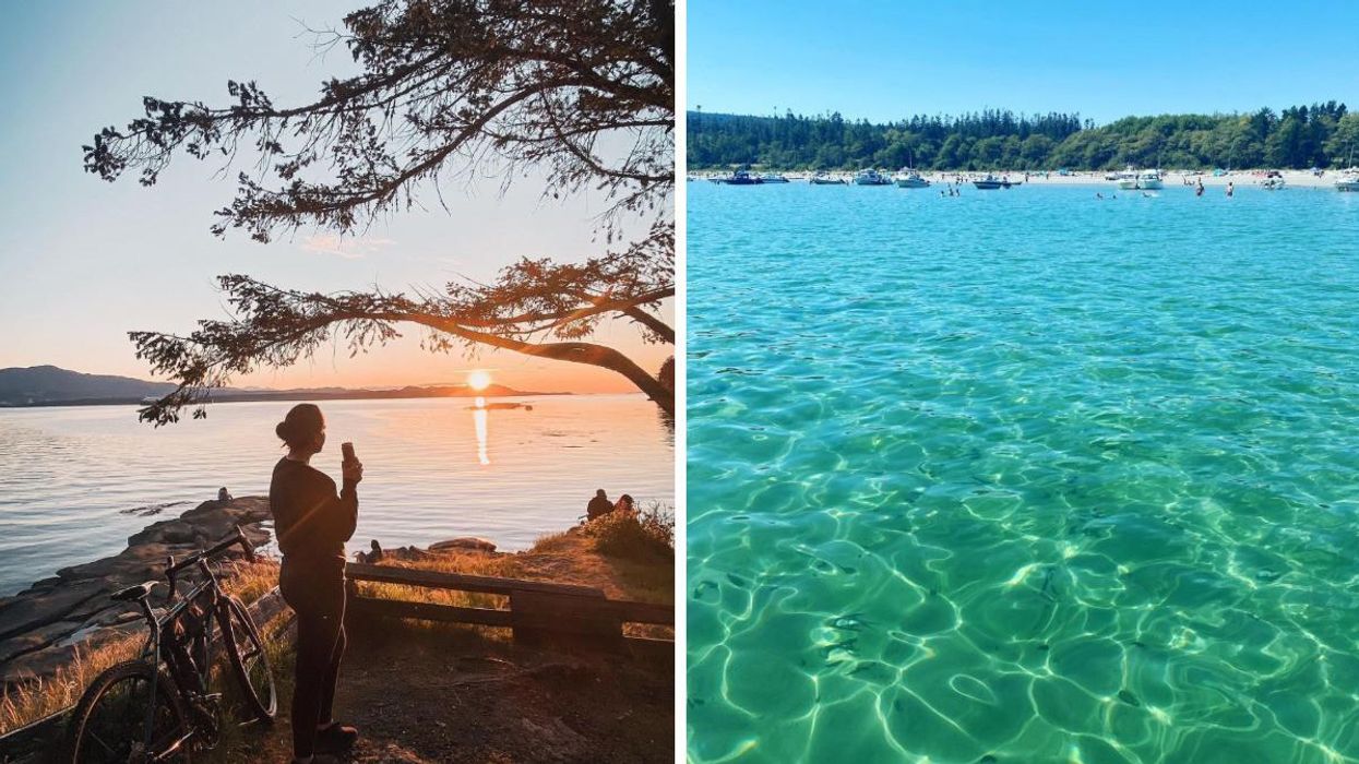 A woman watching the sunset on Gabriola Island. Right: Hornby Island water.