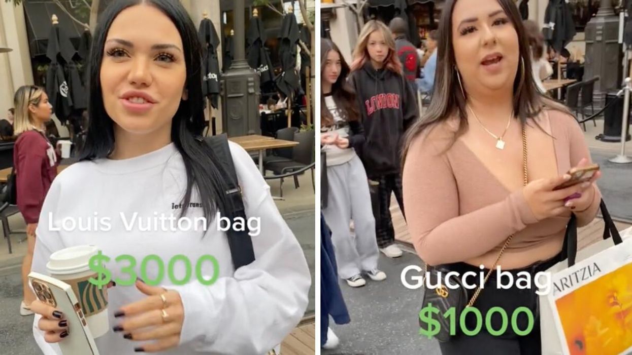A woman wearing a Louis Vuitton bag in the Glendale area of Los Angeles, CA. Right: A woman wearing a Gucci purse in the Glendale area of Los Angeles, CA.