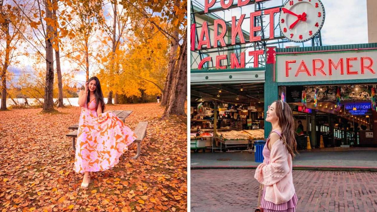 A woman wearing a pink dress stands surrounded by golden fall foliage. Right: A woman smiles in front of a sign that reads "public market."