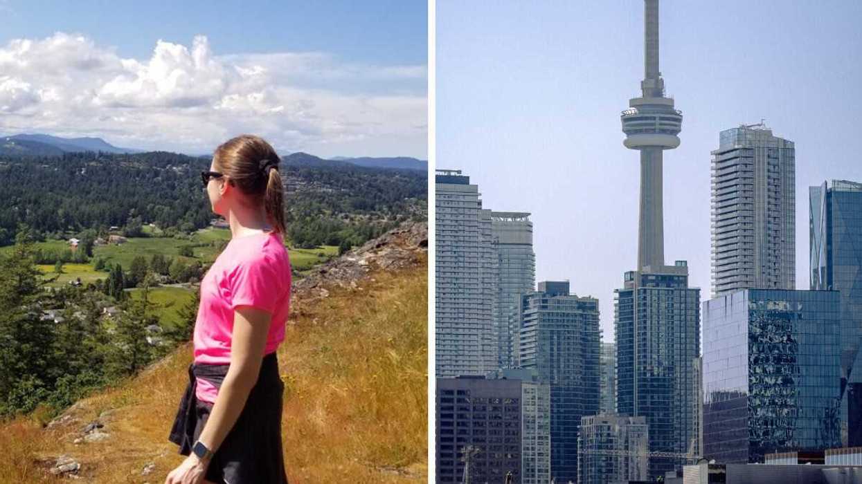 A woman wearing a pink T-shirt, black shorts and a sweater tied around her face looking off to the side at the view. Right: The Toronto skyline with the CN Tower and tall buildings around it.