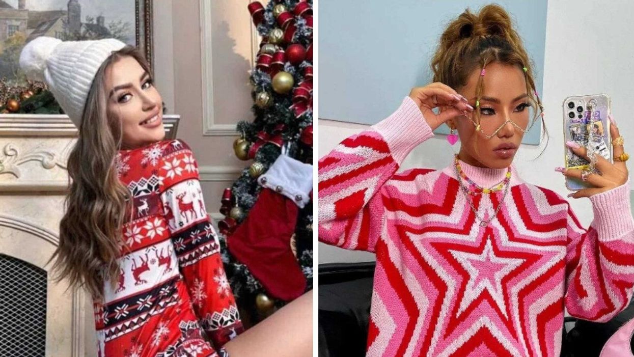 A woman wearing a red, white and black holiday shirt. Right: A Woman wearing a red, pink and white sweater with stars on it.